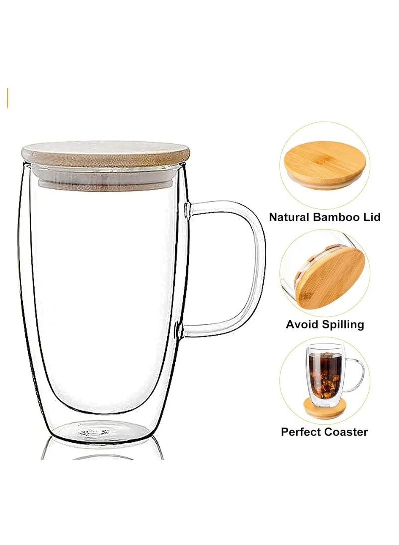 1Chase Double Walled Glass Coffee Cups with Handle and with Bamboo Lid 450ml, Insulated Coffee Mugs Perfect for Cappuccino, Macchiato, Latte, Tea, Juice, Iced & Hot Pack Of 2 (450ML)