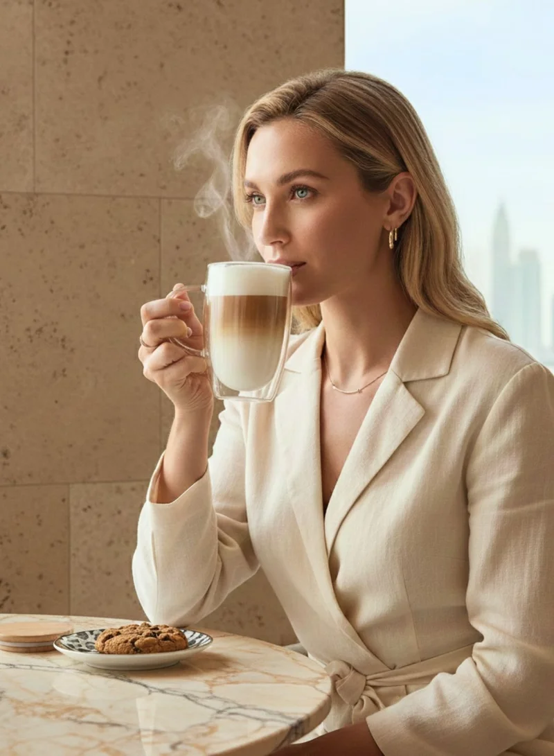 1 تشيس أكواب قهوة زجاجية مزدوجة الجدران بمقبض وغطاء من الخيزران سعة 450 مل، أكواب قهوة معزولة مثالية للكابتشينو والماكياتو واللاتيه والشاي والعصير والمثلج والساخن عبوة من قطعتين (450 مل)