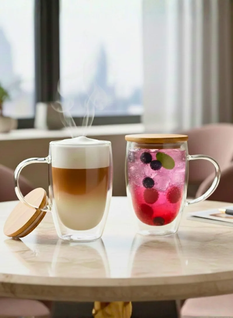1Chase 450 ML Double Walled Glass Coffee Cups with Handle and with Bamboo Lid 450ml, Insulated Coffee Mugs Perfect for Cappuccino, Macchiato, Latte, Tea, Juice, Iced & Hot Pack Of 2 (450ML)  | Best Price UAE