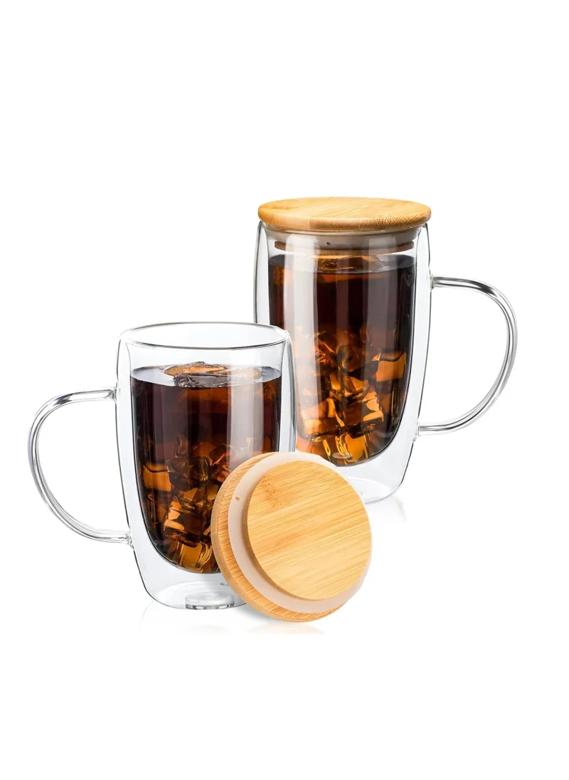 1Chase Double Walled Glass Coffee Cups with Handle and with Bamboo Lid 450ml, Insulated Coffee Mugs Perfect for Cappuccino, Macchiato, Latte, Tea, Juice, Iced & Hot Pack Of 2 (450ML)