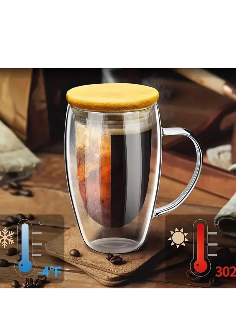 1Chase Double Walled Glass Coffee Cups with Handle and with Bamboo Lid 450ml, Insulated Coffee Mugs Perfect for Cappuccino, Macchiato, Latte, Tea, Juice, Iced & Hot Pack Of 2 (450ML)