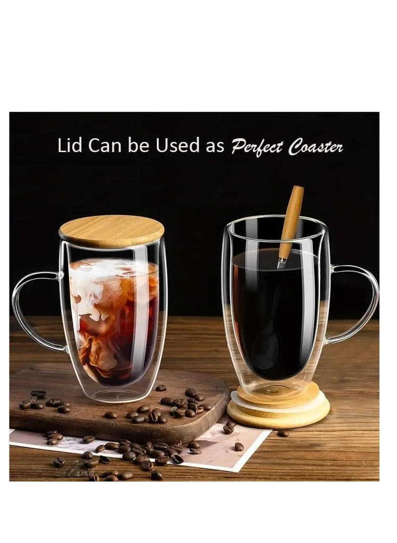 1Chase Double Walled Glass Coffee Cups with Handle and with Bamboo Lid 450ml, Insulated Coffee Mugs Perfect for Cappuccino, Macchiato, Latte, Tea, Juice, Iced & Hot Pack Of 2 (450ML)