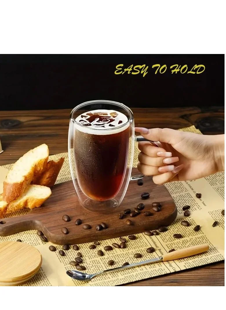 1Chase Double Walled Glass Coffee Cups with Handle and with Bamboo Lid 450ml, Insulated Coffee Mugs Perfect for Cappuccino, Macchiato, Latte, Tea, Juice, Iced & Hot Pack Of 2 (450ML)