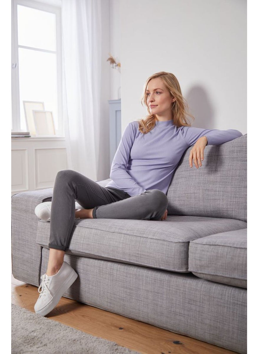 Tchibo Women Mock Neck Long Sleeve Ribbed Shirt, Lilac  - Image 1