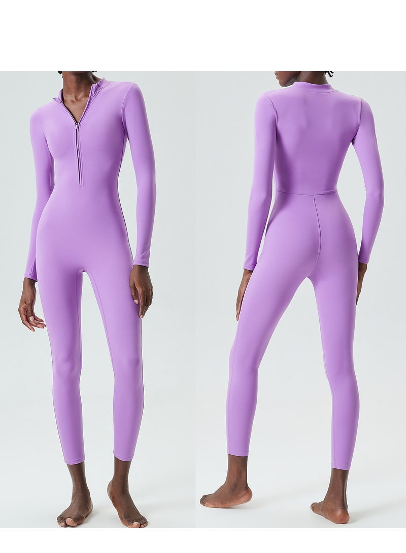 Women's Zipper Tight Fitness Sticky Elastic jumpsuit Quick drying Long Sleeve Open Collar Yoga Dress  - Image 1