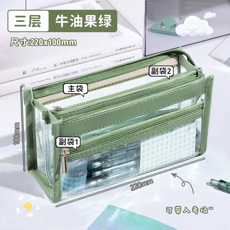 3-Layer Transparent Pencil Case Large Capacity Avocado green