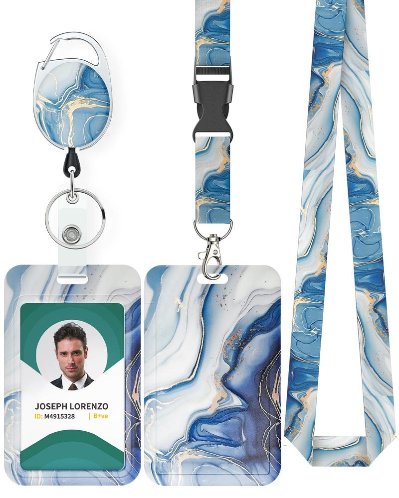 Uniclife Marbling Sliding Badge Holder Blue Marble Pattern Plastic Card Holder with Retractable Badge Reel Carabiner Detachable Lanyard Vertical Card Protector for Office Worker Nurse Teacher Student - Image 1