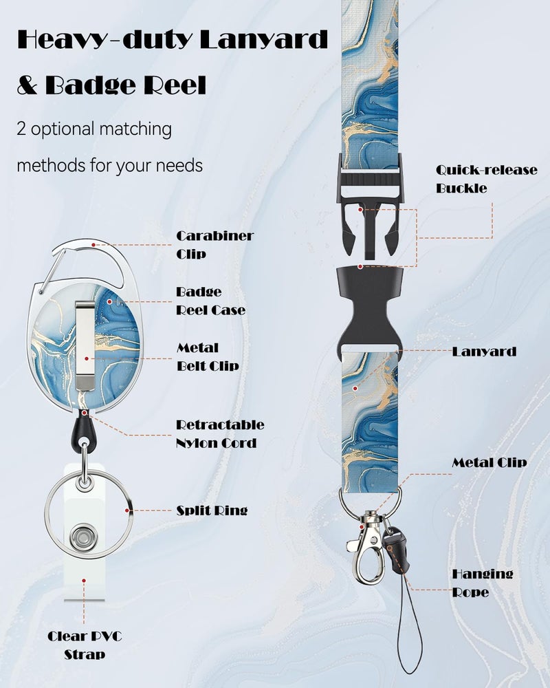 Uniclife Marbling Sliding Badge Holder Blue Marble Pattern Plastic Card Holder with Retractable Badge Reel Carabiner Detachable Lanyard Vertical Card Protector for Office Worker Nurse Teacher Student - Image 5