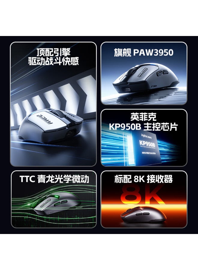Inphic In10pro Wireless Gaming Mouse Small To Medium Hand Esports Mouse 2.4g/wired/bluetooth Tri-mode Paw3950 30000dpi 8k Report Rate Fps Titanium Silver