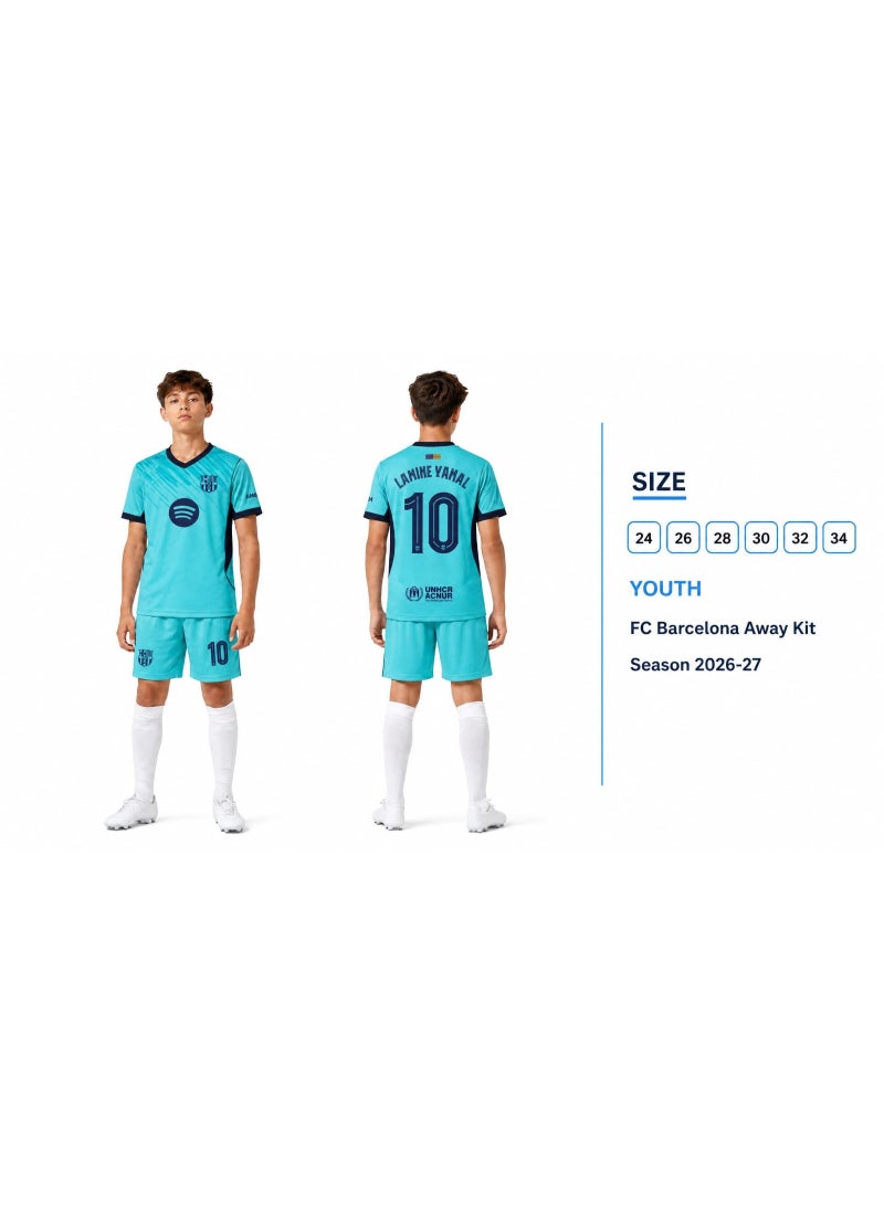 FC Barcelona Away Football Kit 2026/27 for Kids – Lamine Yamal #10 Youth Soccer Jersey & Shorts Set, Short Sleeve, Aqua Blue, Sizes 24-34