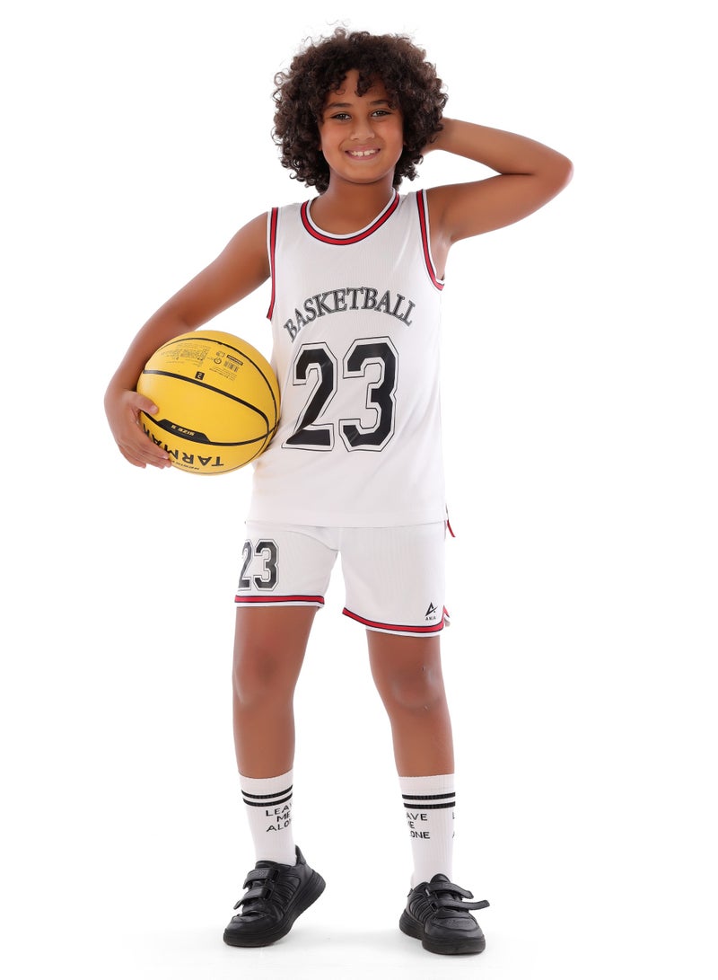 ANJA Boys' White Basketball Kit – Breathable Sleeveless Tank Top and Shorts - Image 1
