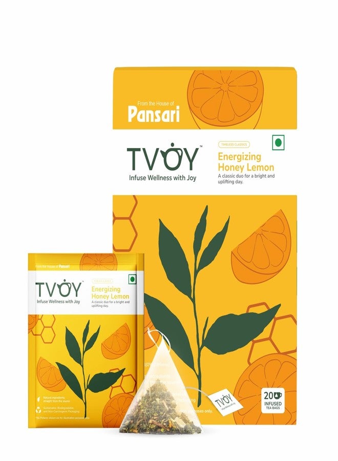 TVOY أكياس شاي أخضر من TVOY | أكياس شاي هرمية (ليمون وعسل)، 36 غرام (20 كيس × 1.8 غرام لكل كيس) - Image 1