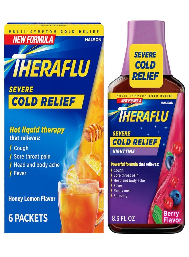 Theraflu Combo Nighttime Severe Cold Relief Syrup, Berry Flavor, 8.3 fl oz & Theraflu Daytime Severe Cold Relief Powder, Honey Lemon Flavor, 6 Ct - Image 1