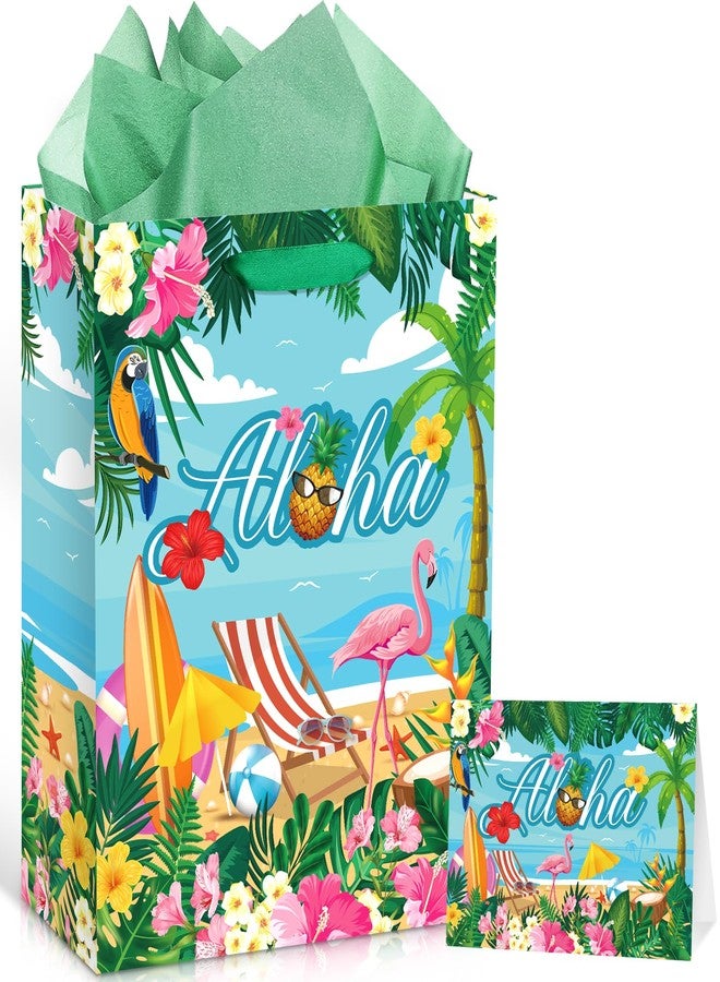 Wayyogh Summer Hawaiian Gift Bag, Aloha Beach Birthday Wrapping Paper Bag with Card Tissue Paper Tropical Luau Gift Bag for Retirement Weddings Bridal Showers Baby Showers Hawaii Party Decorations Supplies - Image 1