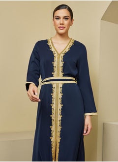 Styli A-Line Front Slit Belted Kaftan with Lace Detail  - Image 3
