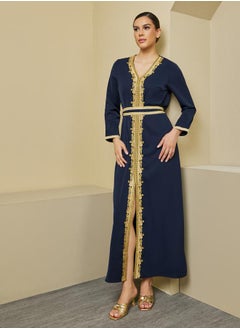 Styli A-Line Front Slit Belted Kaftan with Lace Detail  - Image 1
