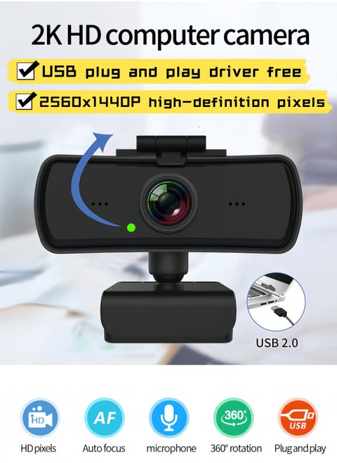 2K HD Computer Webcam for PC and Laptop with Built-in Microphone USB Streaming Conference Home Camera