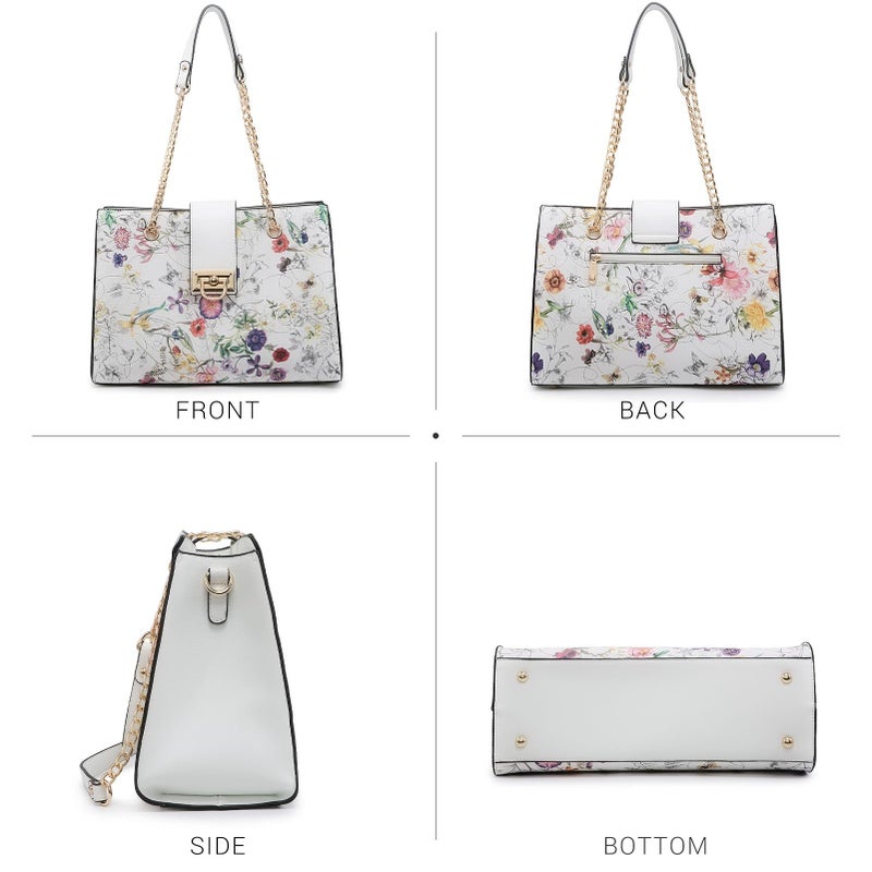 Dasein Women's Fashion Tote and Shoulder Bag - Top Handle and Hobo With Matching Clutch in White Floral - Image 5