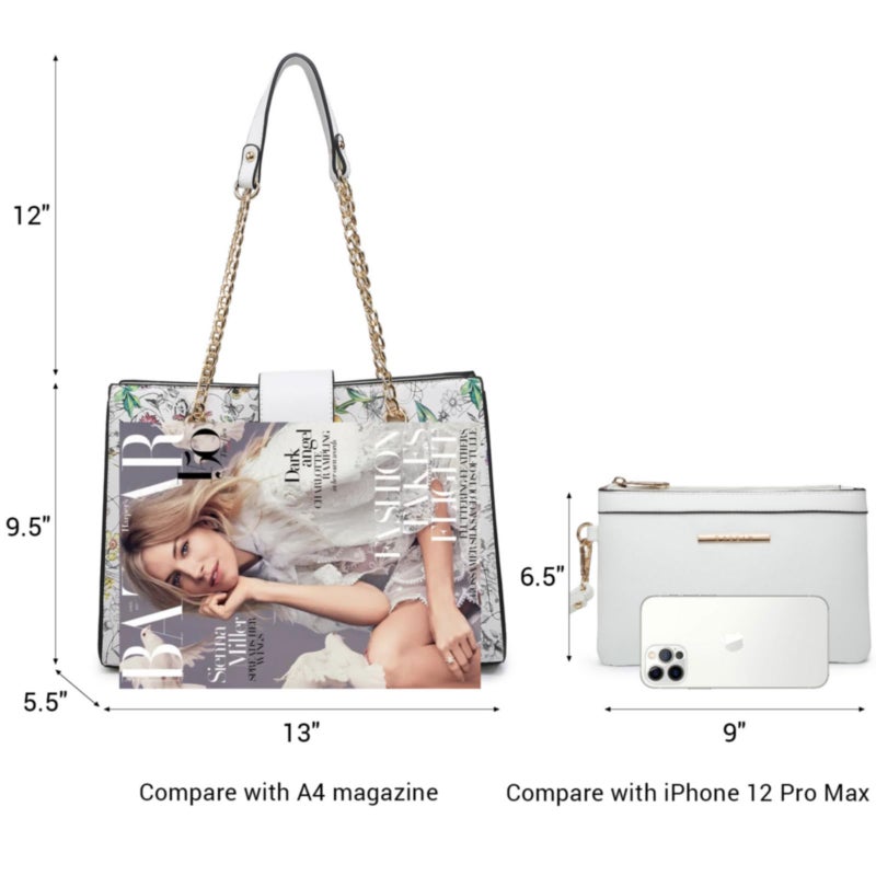 Dasein Women's Fashion Tote and Shoulder Bag - Top Handle and Hobo With Matching Clutch in White Floral - Image 3
