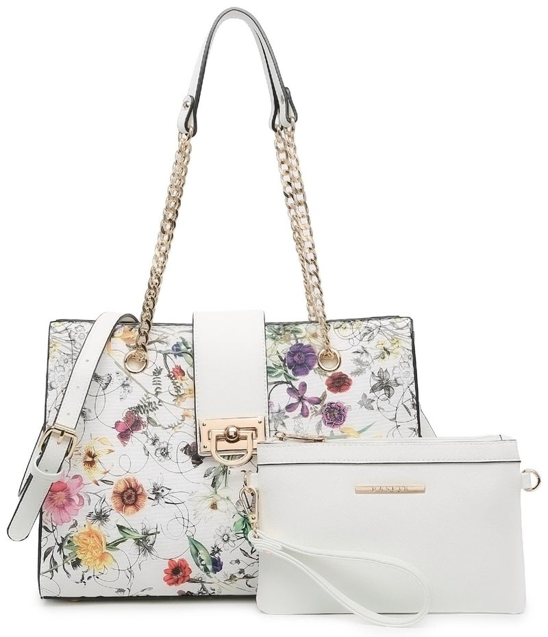 Dasein Women's Fashion Tote and Shoulder Bag - Top Handle and Hobo With Matching Clutch in White Floral - Image 1