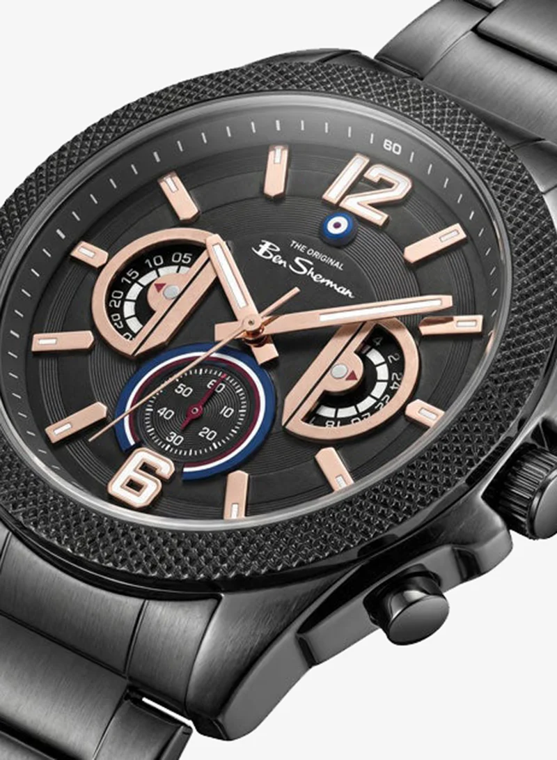 Ben Sherman Sheffield Black Dial Black Stainless Steel Bracelet Chronograph Watch for Men, 44mm