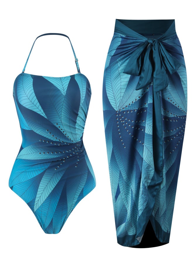 إسكدنيا ملابس سباحة Langqi 2024 على الطراز الفرنسي قطعة واحدة مكونة من قطعتين فستان غمد مطبوع عليه أوراق شجر للنساء - اللون: مقاس البدلة: M - Image 2