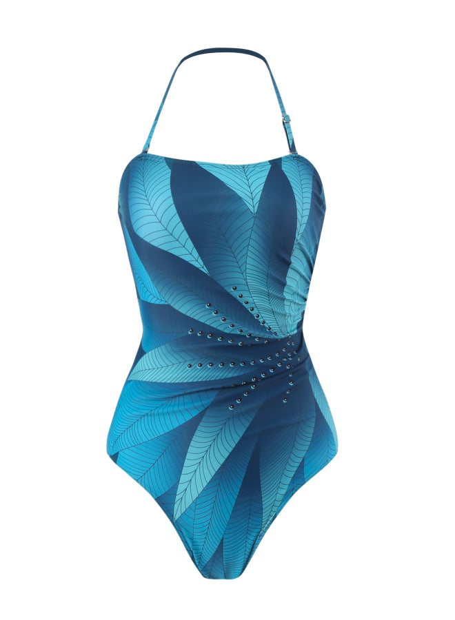 إسكدنيا ملابس سباحة Langqi 2024 على الطراز الفرنسي قطعة واحدة مكونة من قطعتين فستان غمد مطبوع عليه أوراق شجر للنساء - اللون: مقاس البدلة: M - Image 3