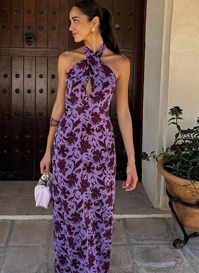 YUNIQEE Floral Printed Halter Neck Maxi Dress for Women - Image 1