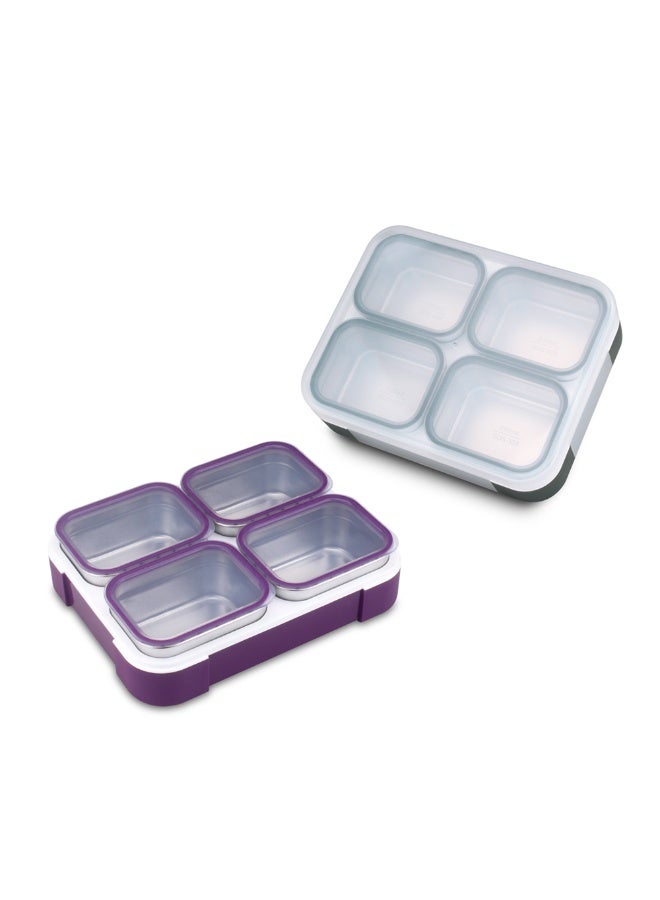 اي ديد صندوق غداء من الفولاذ المقاوم للصدأ لجميع الأعمار، صندوق غداء  معزول مع حقيبة، حاويات غداء بأربعة حجرات مع أغطية، مقاوم للتسرب، خالٍ من مادة BPA، آمن للاستخدام في غسالة الأطباق (أرجواني) - Image 3