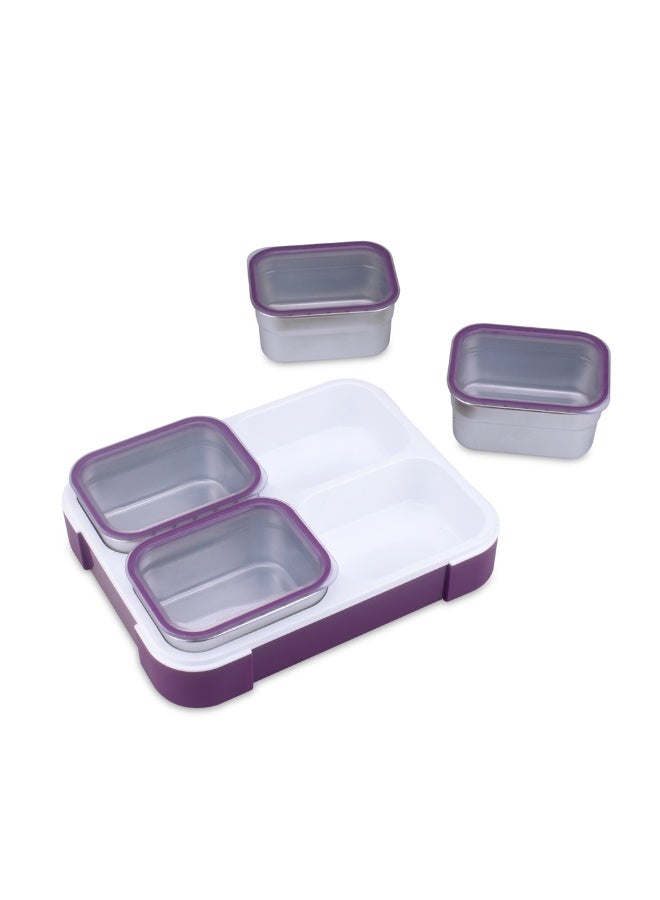 اي ديد صندوق غداء من الفولاذ المقاوم للصدأ لجميع الأعمار، صندوق غداء  معزول مع حقيبة، حاويات غداء بأربعة حجرات مع أغطية، مقاوم للتسرب، خالٍ من مادة BPA، آمن للاستخدام في غسالة الأطباق (أرجواني) - Image 2