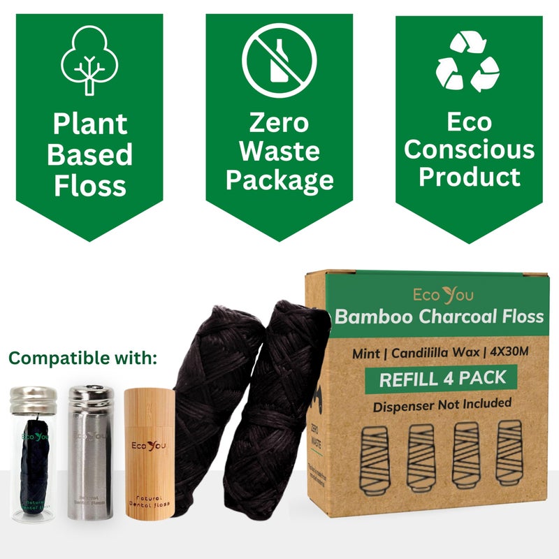 EcoYou Bamboo Charcoal Dental Floss | Mint & Candelilla Wax | Vegan & Biodegradable (4 Refills Pack) | Pfas Free - Image 2
