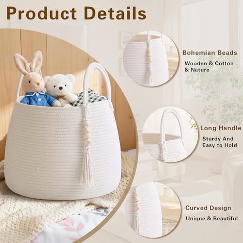 Degeyoyo Large Nursery Hamper, 30L Blanket Basket with Handle, Baby Laundry Basket for Gift, Toy, Clothes, Woven Storage Basket with Wooden Bead Decor, Baby Hamper for Nursery (White) - Image 5