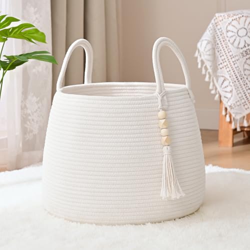 Degeyoyo Large Nursery Hamper, 30L Blanket Basket with Handle, Baby Laundry Basket for Gift, Toy, Clothes, Woven Storage Basket with Wooden Bead Decor, Baby Hamper for Nursery (White) - Image 1
