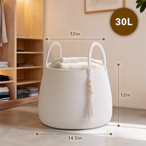 Degeyoyo Large Nursery Hamper, 30L Blanket Basket with Handle, Baby Laundry Basket for Gift, Toy, Clothes, Woven Storage Basket with Wooden Bead Decor, Baby Hamper for Nursery (White) - Image 4