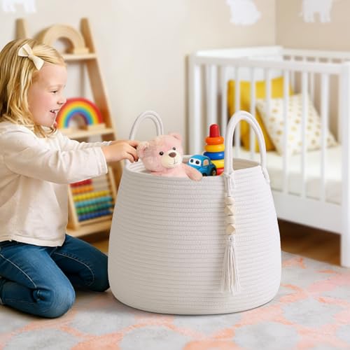 Degeyoyo Large Nursery Hamper, 30L Blanket Basket with Handle, Baby Laundry Basket for Gift, Toy, Clothes, Woven Storage Basket with Wooden Bead Decor, Baby Hamper for Nursery (White) - Image 3
