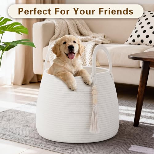 Degeyoyo Large Nursery Hamper, 30L Blanket Basket with Handle, Baby Laundry Basket for Gift, Toy, Clothes, Woven Storage Basket with Wooden Bead Decor, Baby Hamper for Nursery (White) - Image 2