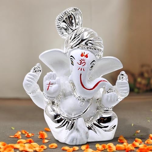 Karigaari India Silver Plated Ceramic Orange Color Pagdi Ganesh Idol for car Dashboard & Home Decor I Car Dashboard Idols I Ganpati for car Dashboard I Car Idols for Dashboard (Size : 3 x 2 inches) - Image 1