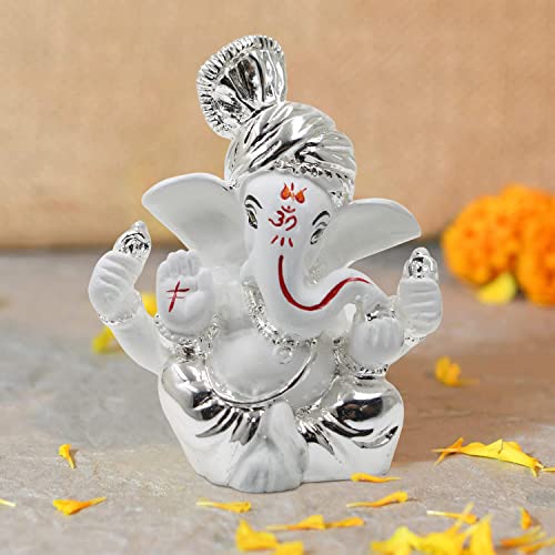 Karigaari India Silver Plated Ceramic Orange Color Pagdi Ganesh Idol for car Dashboard & Home Decor I Car Dashboard Idols I Ganpati for car Dashboard I Car Idols for Dashboard (Size : 3 x 2 inches) - Image 2