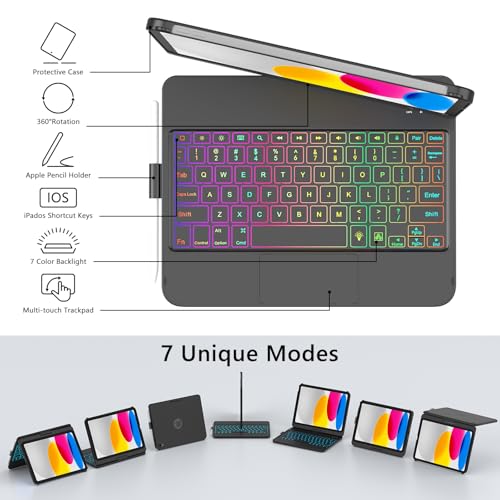 FUWANG Touch Keyboard Case for iPad (A16) 11th Generation 11 inch 2025&10th Gen 10.9 inch 2022, 360° Rotate for iPad 10th Generation Case with Keyboard, Backlit Keyboard Case with Pencil Holder, Black - Image 4