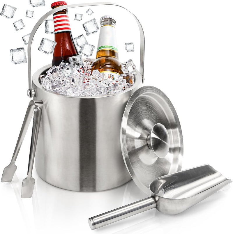 Tebery Stainless Steel Insulated Ice Bucket with Lid and Tong Double Walled Silver Barware Serveware for Parties Events Gatherings - 6.7H x 7.5W Inches - Image 1