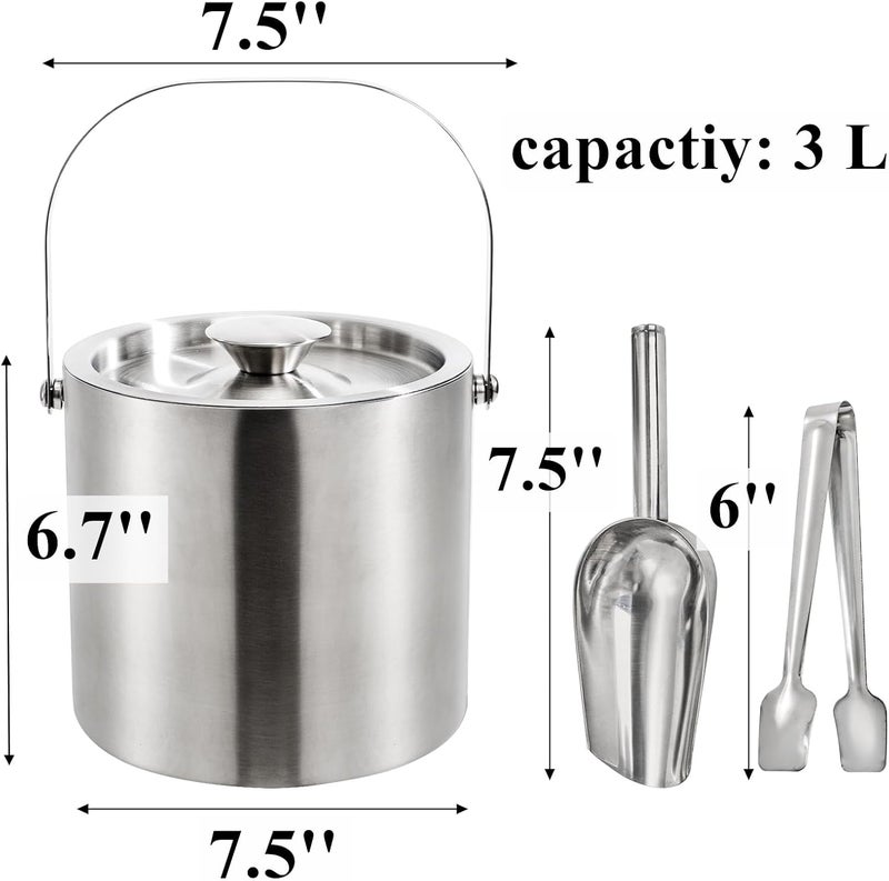 Tebery Stainless Steel Insulated Ice Bucket with Lid and Tong Double Walled Silver Barware Serveware for Parties Events Gatherings - 6.7H x 7.5W Inches - Image 2