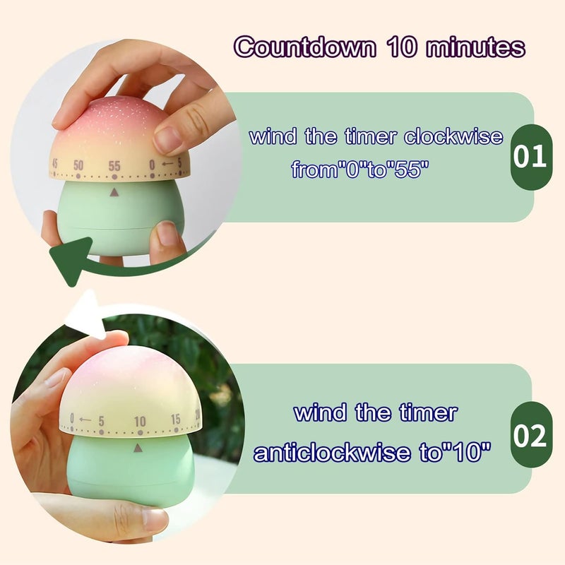 NUOSWEK Mechanical Kitchen Timer, Cute Mushroom Timers for Kids, Wind Up 60 Minutes Manual Countdown Timer for Classroom, Home, Study and Cooking (Green Base) - Image 3