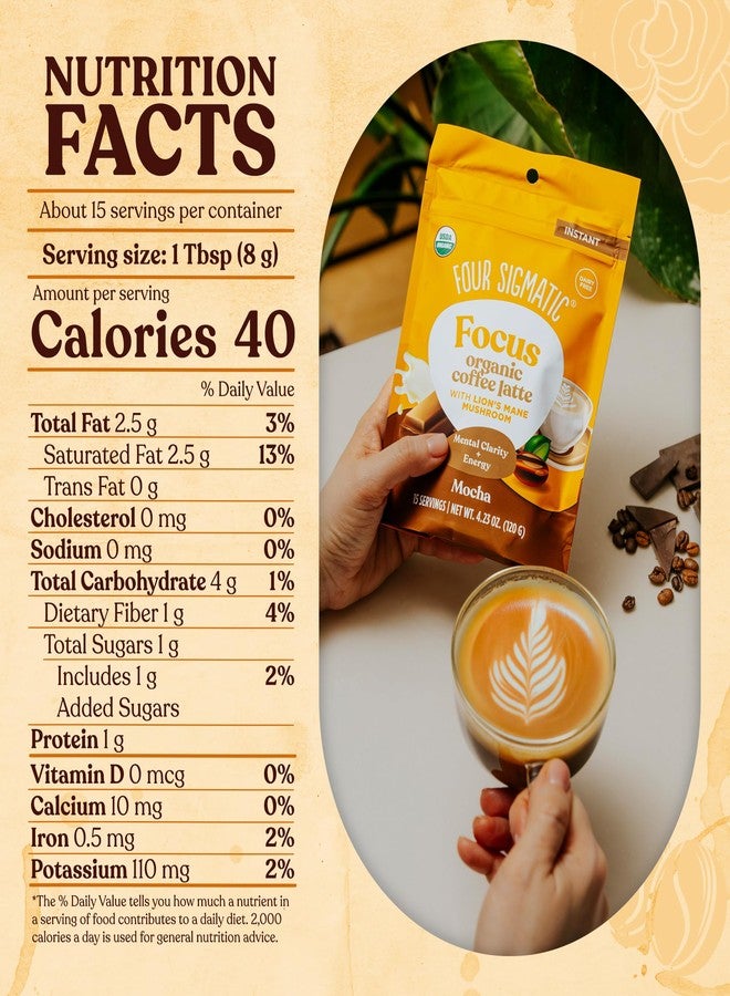 Four Sigmatic Mocha Focus Mushroom Coffee Latte | Plant-Based Organic Instant Latte with Lion’s Mane Mushroom for Focus and Mental Clarity | Made With Just 6 Organic Ingredients | 4.23 oz Bag - Image 3
