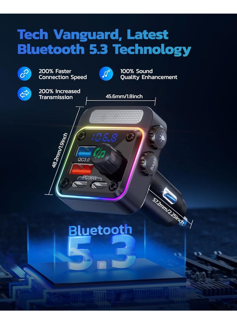 شاحن سيارة بلوتوث 5.3 بقوة 54 وات، 4 منافذ شحن سريع 【PD36W و QC3.0 18W】، جهاز إرسال راديو FM لاسلكي مع مشغل صوت جهير عميق، إضاءة خلفية LED بـ 5 ألوان، مكالمات بدون استخدام اليدين، يدعم محرك أقراص USB - Image 3