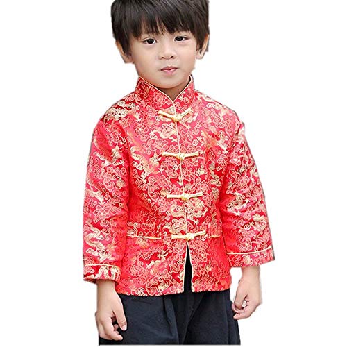 SZCQ Little Boys Dragon Tang Coat Long Sleeve Chinese Clothing Children Costumes Boy Jackets Outfit Tops (Red, 14) - Image 1