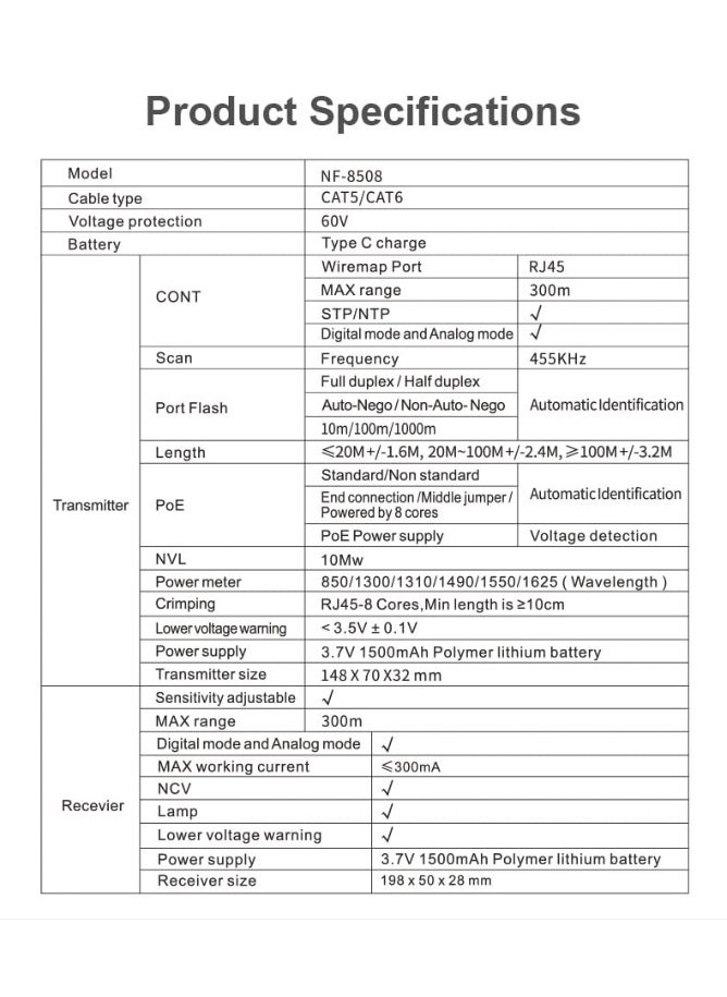 NOYAFA NF-8508 Network Cable Tester with Optical Power Meter VFL/CAT5/CAT6/RJ11 Cable Toner Ethernet Cable Tester, Length Measurement, RJ45 Network Tester for Telephone, PoE Tester Wire Tracer Fiber Tester  - Image 3