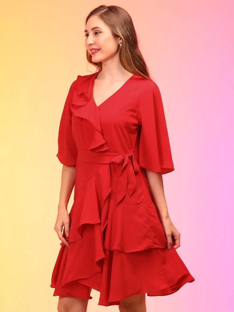 globus Globus Women Red V-Neck Flared Sleeve Asymmetric Ruffled Crepe Dress