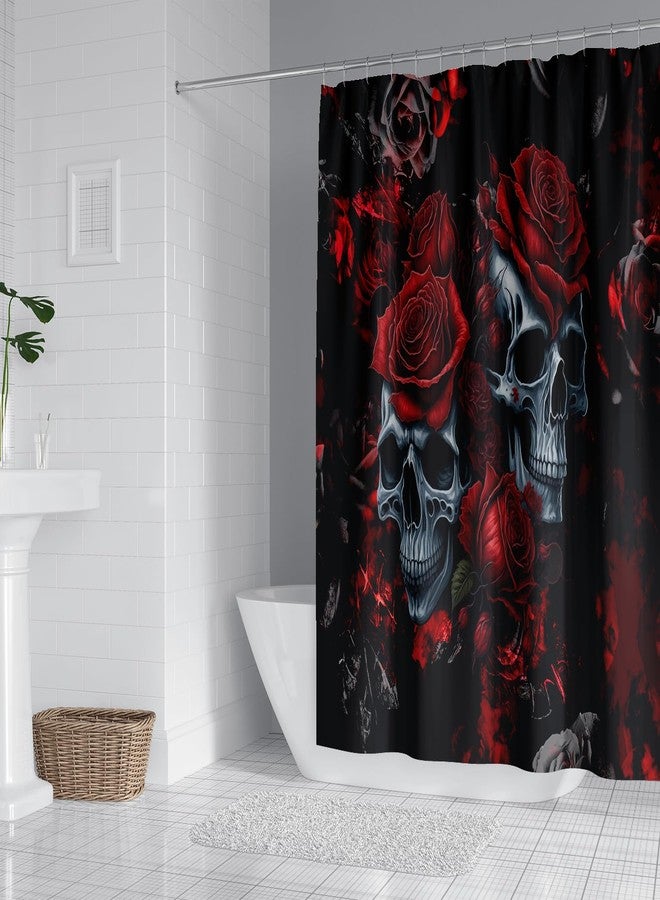 RinRinfam 4Pcs Skull Shower Curtain Set, Helloween Red Rose Skull Shower Curtain Set Non-Slip Rug,Toilet Lid Cover,U Shape Mat,Waterproof Bathroom Decor Sets with 12 Hooks,Red Black - Image 2