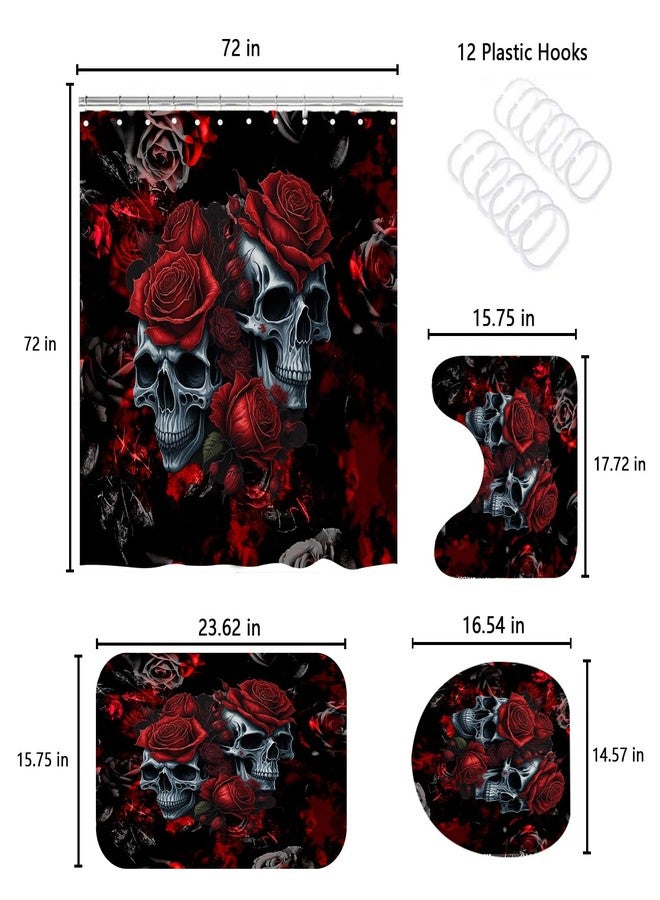 RinRinfam 4Pcs Skull Shower Curtain Set, Helloween Red Rose Skull Shower Curtain Set Non-Slip Rug,Toilet Lid Cover,U Shape Mat,Waterproof Bathroom Decor Sets with 12 Hooks,Red Black - Image 5