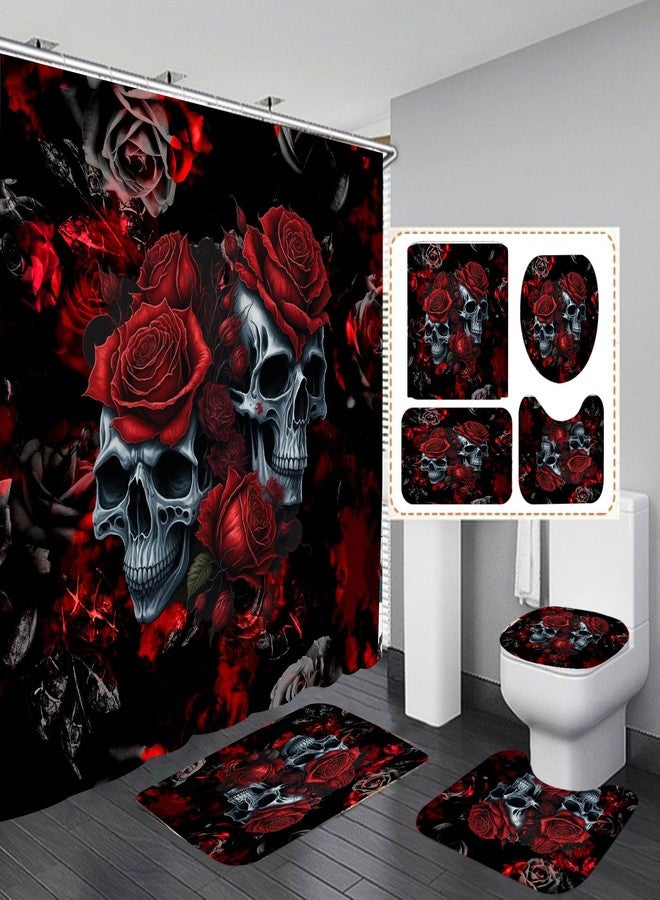 RinRinfam 4Pcs Skull Shower Curtain Set, Helloween Red Rose Skull Shower Curtain Set Non-Slip Rug,Toilet Lid Cover,U Shape Mat,Waterproof Bathroom Decor Sets with 12 Hooks,Red Black - Image 1